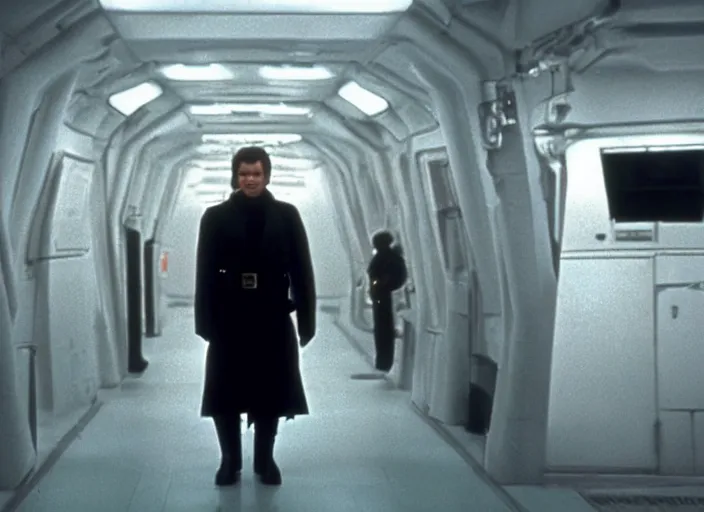 Image similar to screenshot of Harrison Ford dressed up as an imperial officer, iconic scene from 1970s spy thriller film directed by Stanley Kubrick, in a sci-fi shipping port, last jedi, 4k HD, cinematic lighting, beautiful portraits of Han, moody, stunning cinematography, anamorphic lenses, kodak color film stock