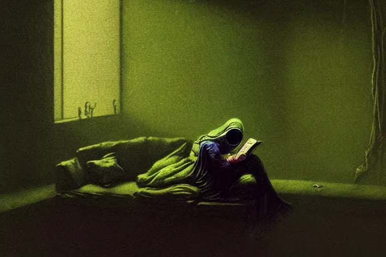 Prompt: girl with wearing a gas mask lying on the sofa reading a book in her room, in the style of beksinski, solarpunk, atmospheric, intricate and epic composition, green by caravaggio, insanely quality, highly detailed, masterpiece, blue light, artstation, 4 k, ultra clean render