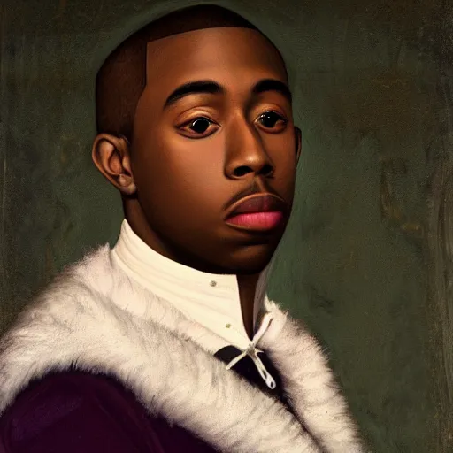 Image similar to a renaissance style portrait painting of tyler the creator