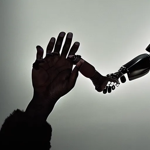 Image similar to futuristic cyborg holding hands with homo habilis, hd photograph, photo in a studio room