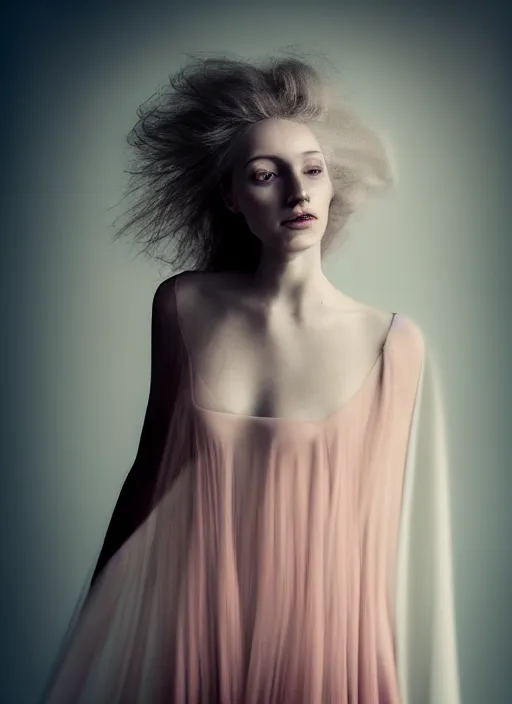 Image similar to portrait photography of a beautiful woman, in fine art photography style of Giovanni Gastel , britt marling style 3/4 , natural color skin pointed in rose, the hair is like stormy clouds, full body dressed with a ethereal transparent voile dress, elegrant, 8K, soft focus, melanchonic soft light, volumetric dramatic lighting, highly detailed Realistic, hyper Refined, Highly Detailed, natural point rose', outdoor soft lighting, soft dramatic lighting colors scheme, soft blur lighting, fine art fashion photography