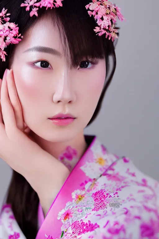 Prompt: a beautiful portrait of a gorgeous japanese girl wearing kimono, pink zen style, photorealistic portrait, porcelain skin, beautiful eyes and face, smooth, 8 k uhd, portrait photography, beautiful volumetric lighting, studio lighting