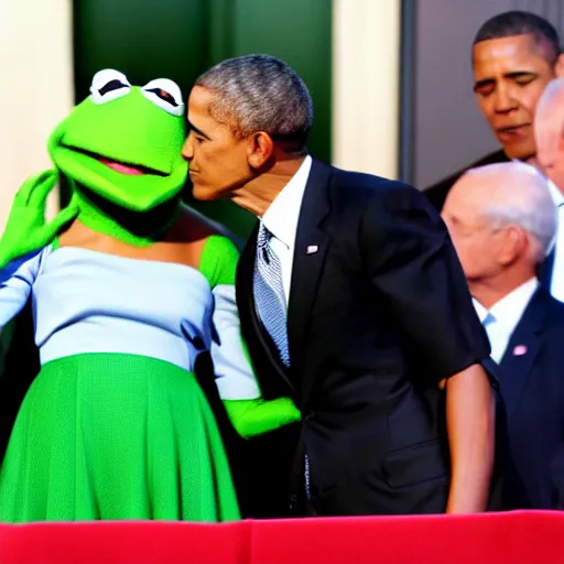 Image similar to Kermit and Obama kissing, Michelle Obama is in the background horrified