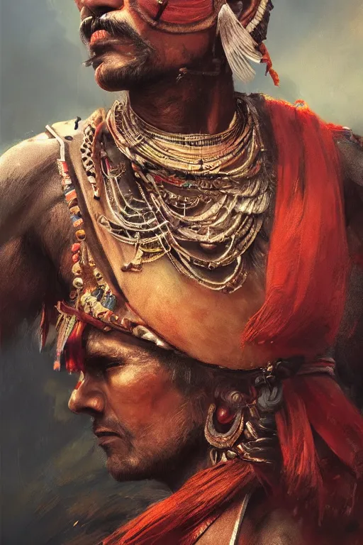 Image similar to indian warrior, close - up portrait, fierce, intricate, elegant, volumetric lighting, scenery, digital painting, highly detailed, artstation, sharp focus, illustration, concept art, ruan jia, steve mccurry