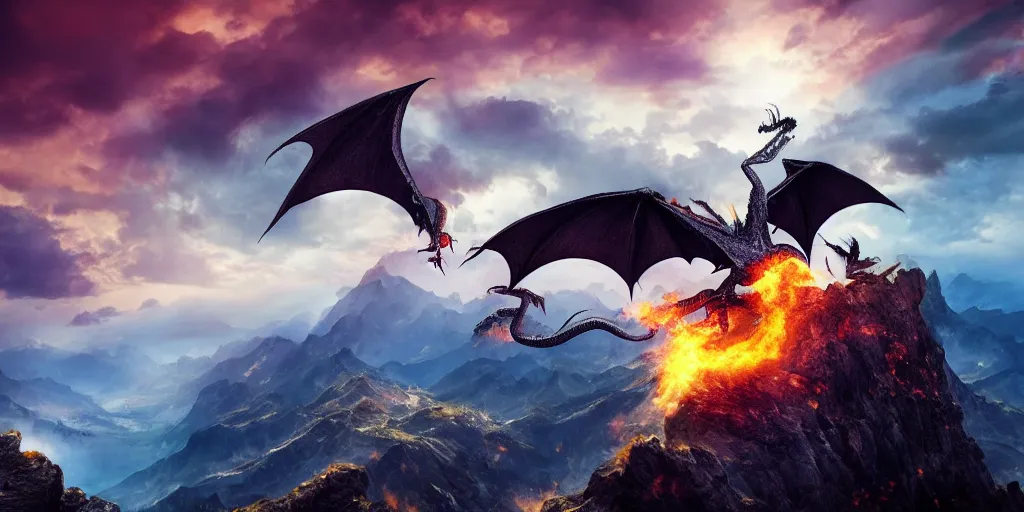 Image similar to A single dragon with half open wings breathing fire on the top of a mountain, epic composition, detailed and intricate image, cinematic, 4K