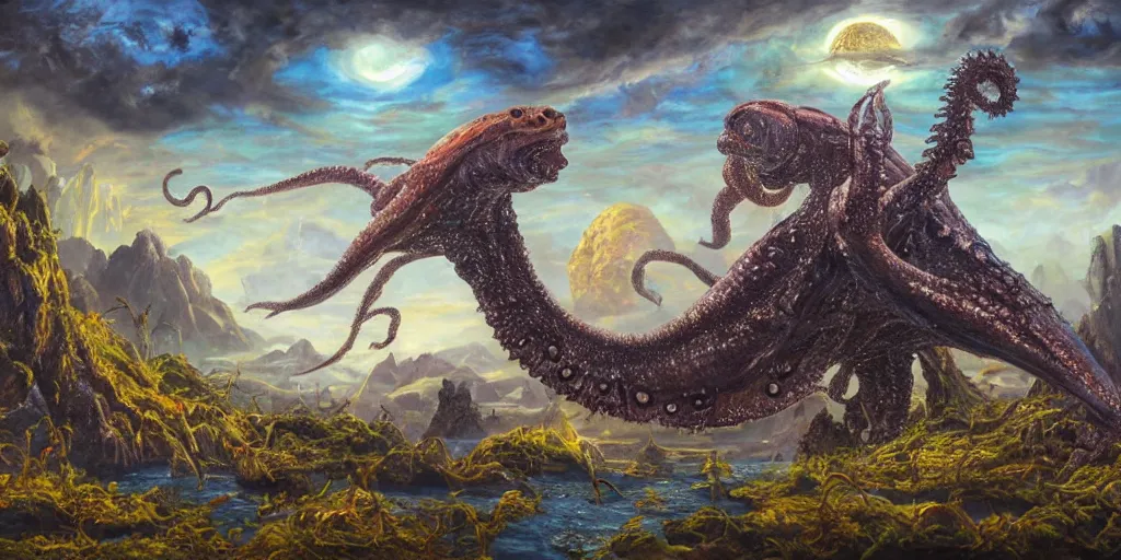 Image similar to fantasy oil painting, great leviathan, cybernetic turtle cephalopod terrapin reptilian pachyderm squid, bella hadid, hybrid, milla jovovich, anubis, epic natural light, lush plants flowers, spectacular mountains, bright clouds, luminous sky, outer worlds, golden hour, michael cheval, edward hopper, michael whelan, vray, hd