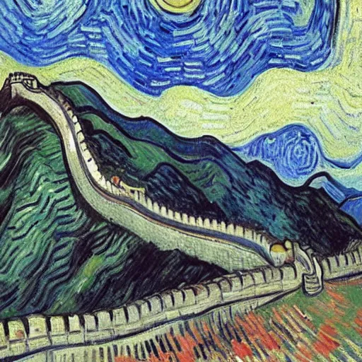 Image similar to An oil painting of a supercar is running on the Great Wall, by Van Gogh