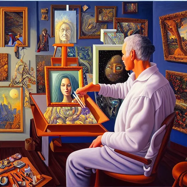 Image similar to an oil on canvas portrait of a man painting a portrait of a beautiful woman surrounded by paintings, surrealism, surrealist, cosmic horror, rob gonsalves, high detail