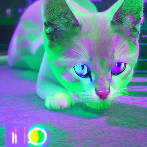 Prompt: neon and fluorescent & iridescent kittens cyperpunk 2 0 7 7, unreal engine 5, 8 k ultra realistic, hyperdetailed, volumetric lighting, extremely high quality