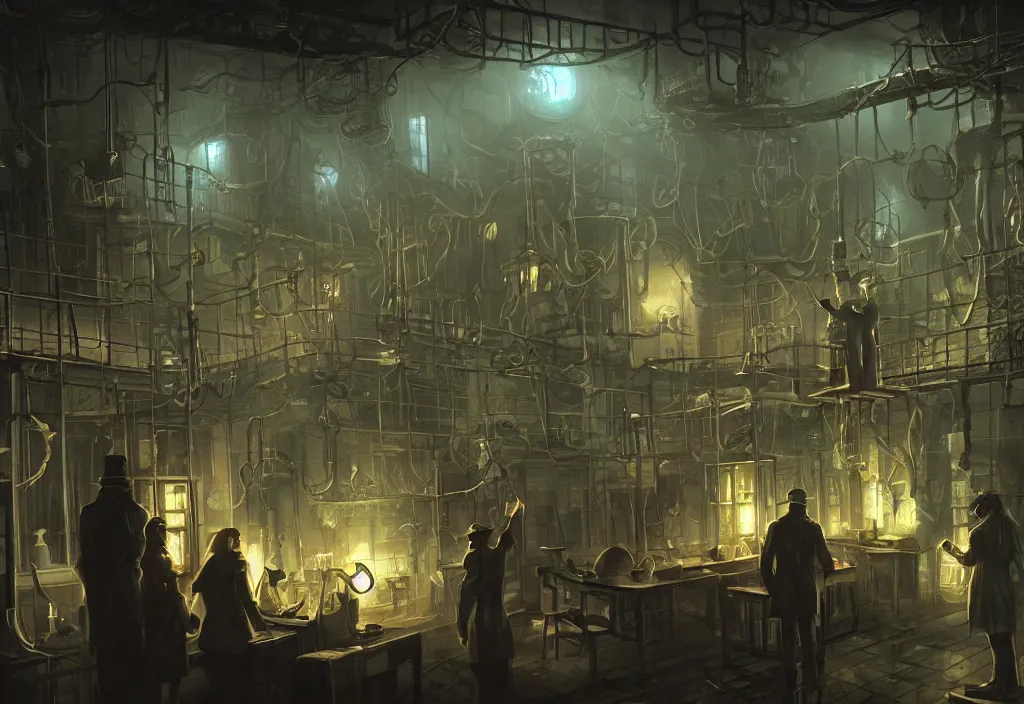 Prompt: lovecraftian laboratory interior, grim lighting, one male and ine female investigators in trenchcoats aiming at unspeakable monstrosity, artstation, deviantart, trending, arkham horror boardgame art, wallpaper