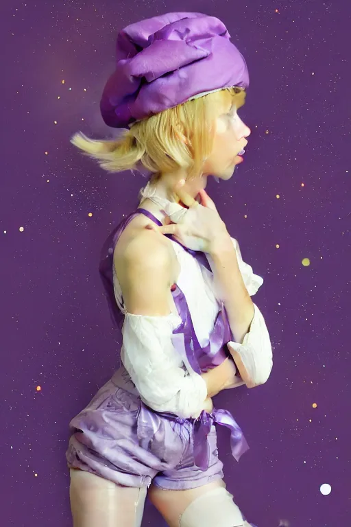 Image similar to Full View girl with short blond hair wearing an oversized purple Beret, Baggy Purple overall shorts, Short Puffy pants made of silk, silk shoes, a big billowy scarf, Golden Ribbon, and white leggings Covered in stars. Short Hair. masterpiece 4k digital illustration by Ruan Jia and Mandy Jurgens, award winning, Artstation, art nouveau aesthetic, Alphonse Mucha background, intricate details, realistic, panoramic view, Hyperdetailed, 8k resolution, intricate art nouveau