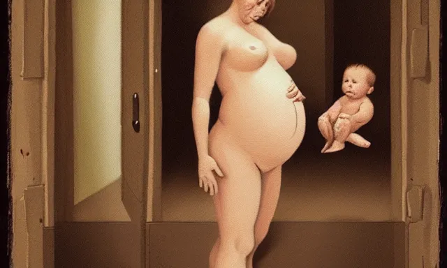 Image similar to pregnant woman in a doorway holding a flesh monstrosity like a baby fantasy painting