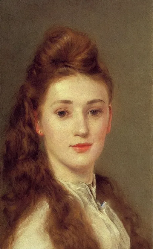 Image similar to portrait by eugen von blaas!!! of a woman!! with brown!! hair!! bun hair! slight smile! dreamy, lovely, bubbly