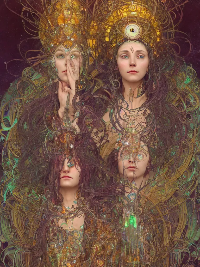 Image similar to an ancient mystical alluring female shaman generating flowing energy and surrounded by wisps of incense smoke sits meditating in a magical cybernetic robot temple , face face face, by android jones and alphonse mucha, 3d, cinema 4d render, trending on artstation