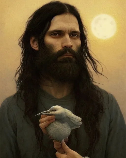 Prompt: portrait of a man with long black hair and beard holding a bird, full moon in the background, fine portrait, beautiful, concept art, by greg rutkowski, by jean delville