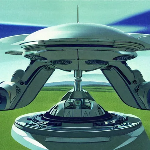 Prompt: scientific spaceship hovering over a green grassy field on an alien world, daylight, blue sky, vanishing view perspective, Syd Mead