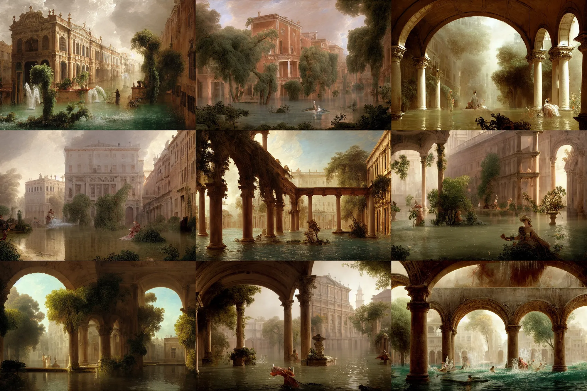 Prompt: colonial fountains of water flooding a ghost town grand canal, stoic, spirits covered in drapery, archways made of lush greenery, water coming out of windows, light dust, magnificent, hyperdetailed, theatrical, close up, masterpiece, painted by jean honore fragonard and greg rutkowski and rob alexander