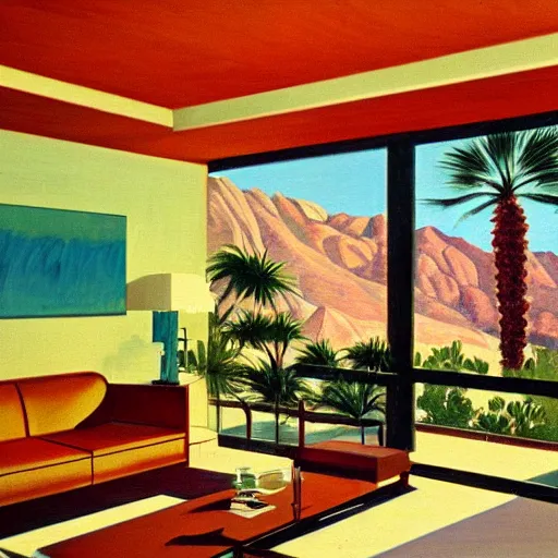 Prompt: an oil painting of the interior of a mid century modern house designed by both frank lloyd right and richard sera in palm springs