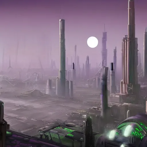 Image similar to a big city like coruscant and rupture farms from oddworld, with green smog sky, tall metal towers, a big moon in the sky, flying vehicles, factories, smoke, in the style of soviet realism