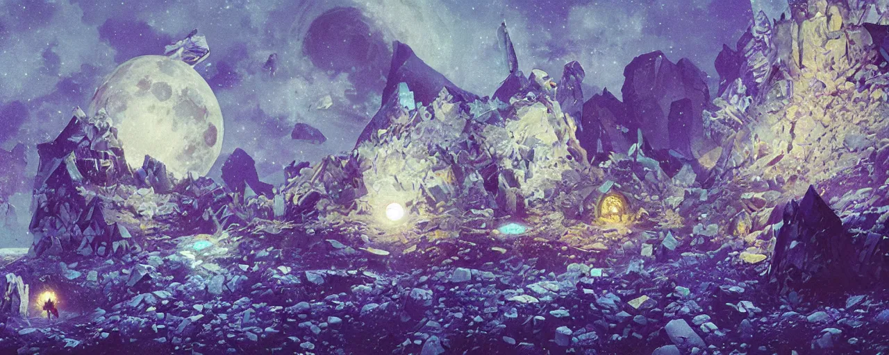 Prompt: moon made of blue cheese, [ shards, facets, by paul lehr, cinematic, detailed, epic, widescreen, opening, establishing, mattepainting, photorealistic, realistic textures, octane render ]