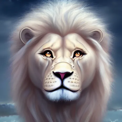 Image similar to a beautfiul aesthetic commission portrait of a anthro albino lion looking at the sky worried,attractive beautiful face,detailes face,expression,natural lighting,fantasy art,deviantart,artstation,character design by charles bowater,ross tran,4k,photorealistic,highly realistic,unreal emgine 5