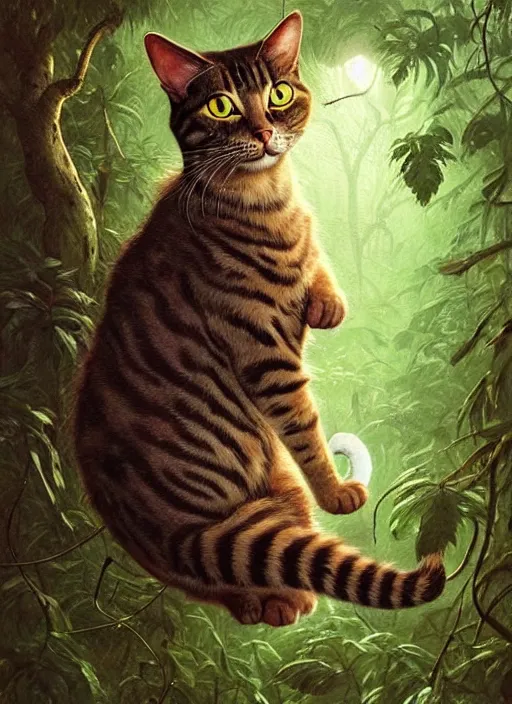 Image similar to a hyper realistic illustrated cat with playing with a bird in the woods gorgeous lighting, lush forest foliage painting by chiara bautista and beksinski and norman rockwell and greg rutkowski weta studio, and lucasfilm