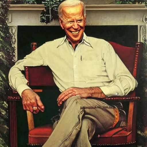Image similar to a portrait painting by Norman Rockwell of Joe Biden sitting in a chair. Cozy fire. hands on arm rests. Legs apart