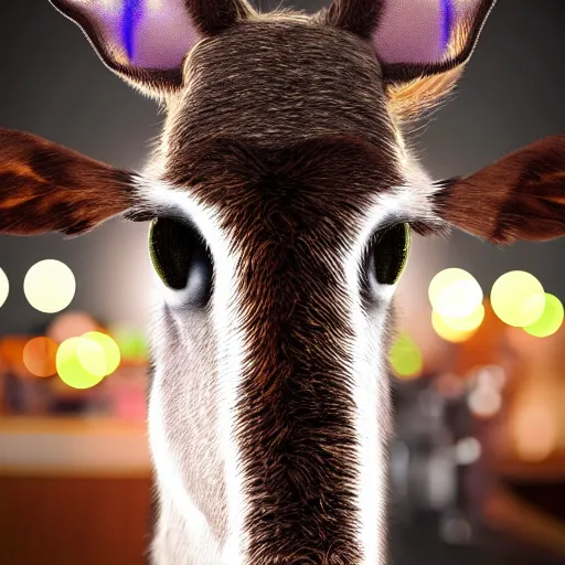 Image similar to surreal, fuzzy mule, sitting at a bar, taps, bar lighting, giant eyes, bubbles in the air, hyper realistic, 8k