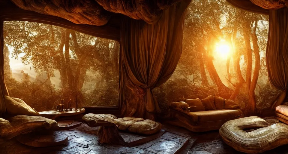 Prompt: an incredibly beautiful scene from a 2 0 2 2 sci - fi film featuring a cozy art nouveau living room in a fantasy treehouse interior. a couch with embroidered pillows. a tree trunk. rustic windows. golden hour. 8 k uhd.