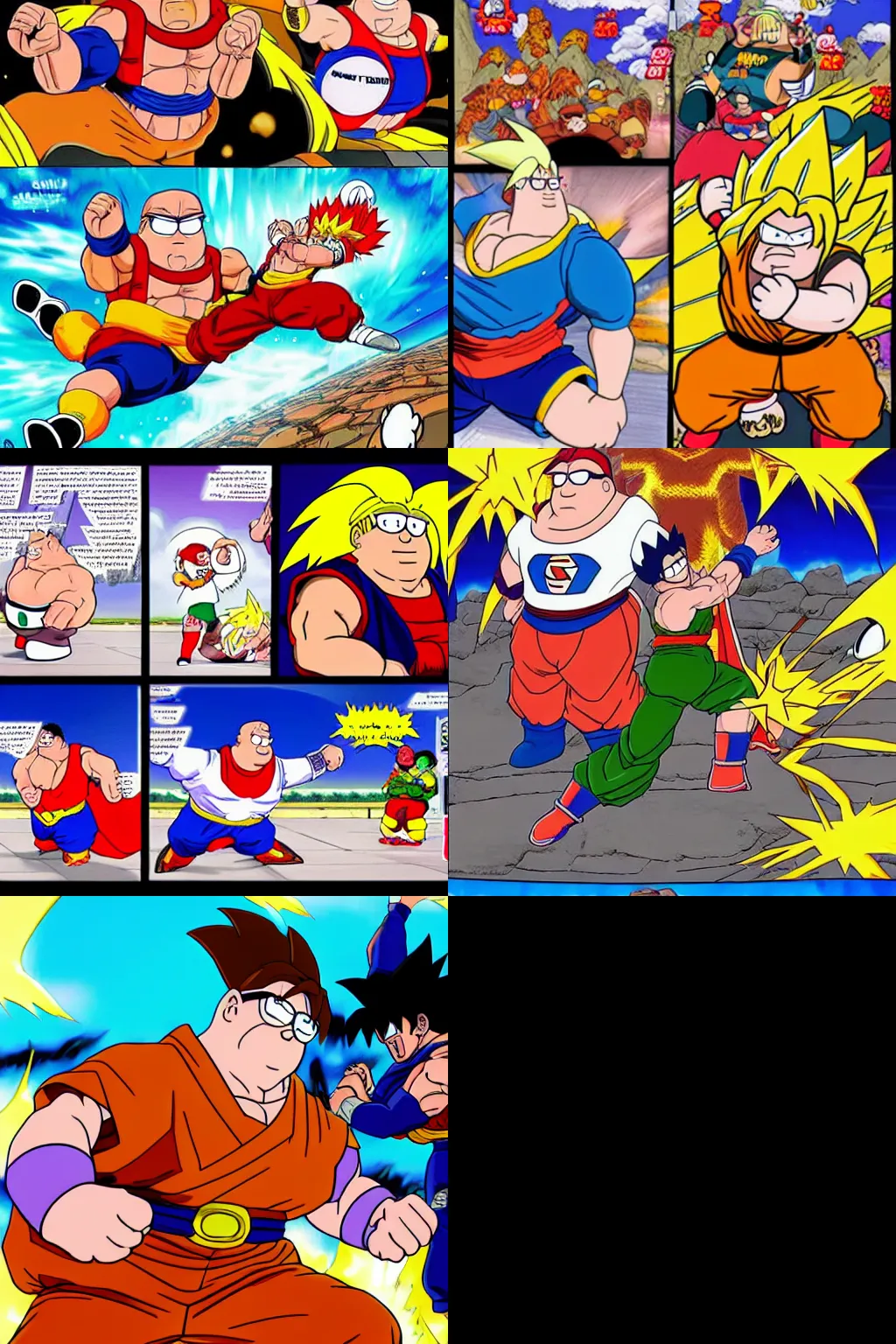 Prompt: Peter Griffin fighting to the death against Super Saiyan Goku in Namek in the style of Akira Toriyama