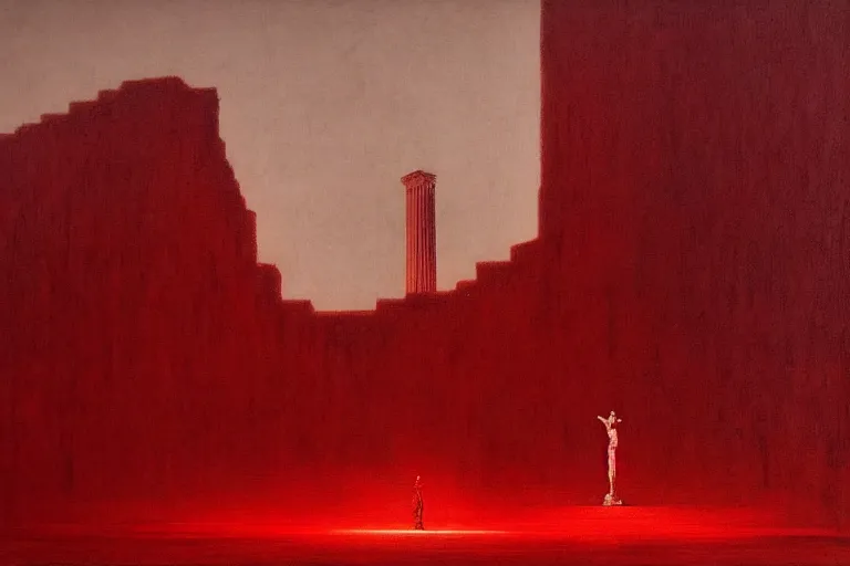 Image similar to only with red, caesar after war, a red tiger, in hoc signo vinces, rome in background, an ancient path, in the style of beksinski, part by hopper, part by rodcenko, part by hofbauer, intricate composition, red by caravaggio, insanely quality, highly detailed, masterpiece, red light, artstation