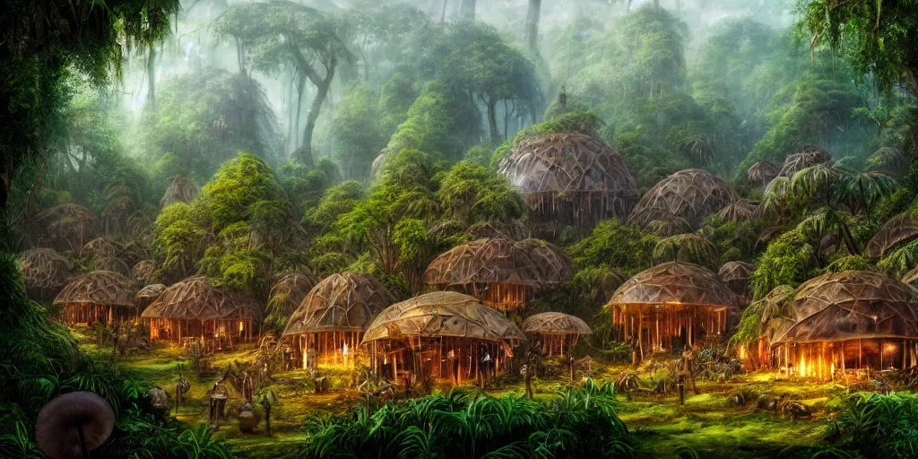 Image similar to a clearing in the jungle reveals a chrome village full of merchant tents and mushroom huts, matte oil painting, science fantasy, retrofuturistic, biblical, rpg, queer, pride, epic, extremely detailed, sharp focus, 4 k