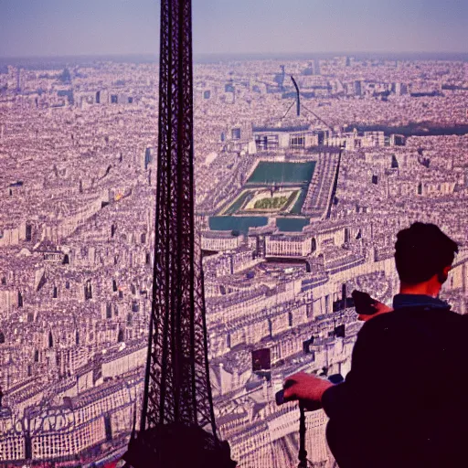 Prompt: photograph of a guy standing on top of the eiffel tower, portra 8 0 0