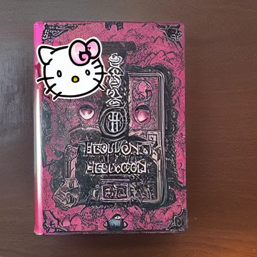 Image similar to a photo of the necronomicon with a ((hello kitty)) sticker on it