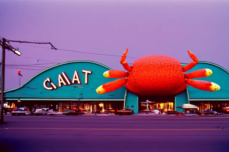 Image similar to 2 0 1 5 giant crab terrorizing a city, googie architecture, americana, fishcore, exterior photography, hd 8 k, photography cinestill