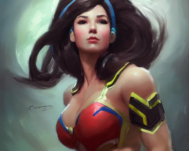 Image similar to portrait of d. va from overwatch as a beautiful female bodybuilder amazon with plump lips, elegant, fantasy, hd shot, digital portrait, beautiful, artstation, comic style, by artgerm, guy denning, jakub rozalski, magali villeneuve and charlie bowater