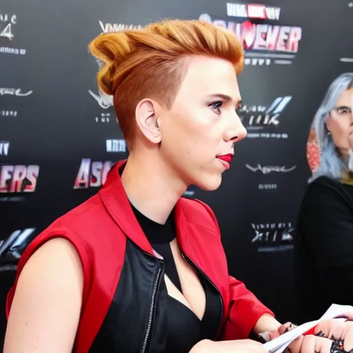 Prompt: scarlett johansson as black widow from avengers endgame signing autographs