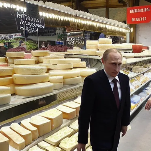 Image similar to vladimir putin visiting a cheese market