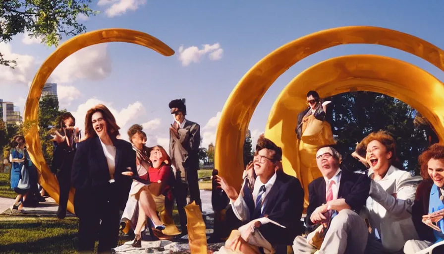 Image similar to 1990s candid photo of a beautiful day at the park, cinematic lighting, cinematic look, golden hour, costumed business mascot people coming out of a portal, Enormous personified business people with outstandingly happy faces coming out of a portal and talking to families, UHD