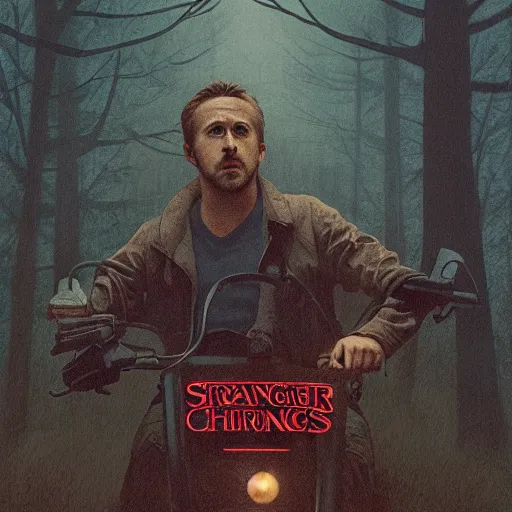 Image similar to Ryan Gosling holding a cute caracal, in style of stranger things poster, by Aron Wiesenfeld and beksincki, cinematic, detailed illustration, nature, fog, dark colors, suspense, intricate, 8k