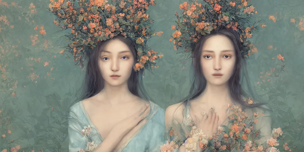 Image similar to breathtaking detailed concept art painting portrait of two hugs goddess of light blue flowers, carroty hair, orthodox saint, with anxious piercing eyes, ornate background, amalgamation of leaves and flowers, by hsiao - ron cheng, extremely moody lighting, 8 k