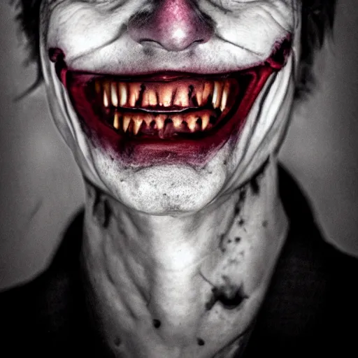 Image similar to joker, smiling, unnatural grin, horror, creepy, smoke, black, dark, glow