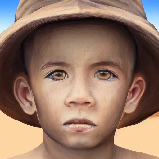 Image similar to a detailed portrait of a boy in the desert, art illustration, incredibly highly detailed and realistic, 8 k, sharp focus