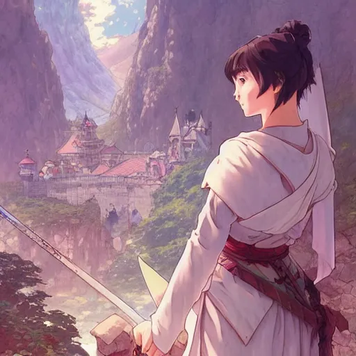 Image similar to the knight and the sword of rose petal, anime, castle core, mountains, rocky roads. by hayao miyazaki and rossdraws and artgerm and greg rutkowski and alphonse mucha and studio ghibli and ilya kuvshinov. high quality, stunning, intricate detailed environment. 8 k