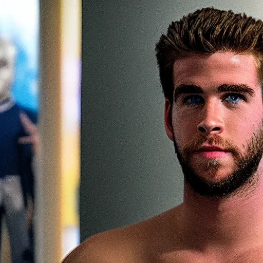 Image similar to “a realistic detailed photo of a guy who is an attractive humanoid who is half robot and half humanoid, who is a male android, actor Liam Hemsworth, shiny skin, posing like a statue, blank stare, at the museum, on display”