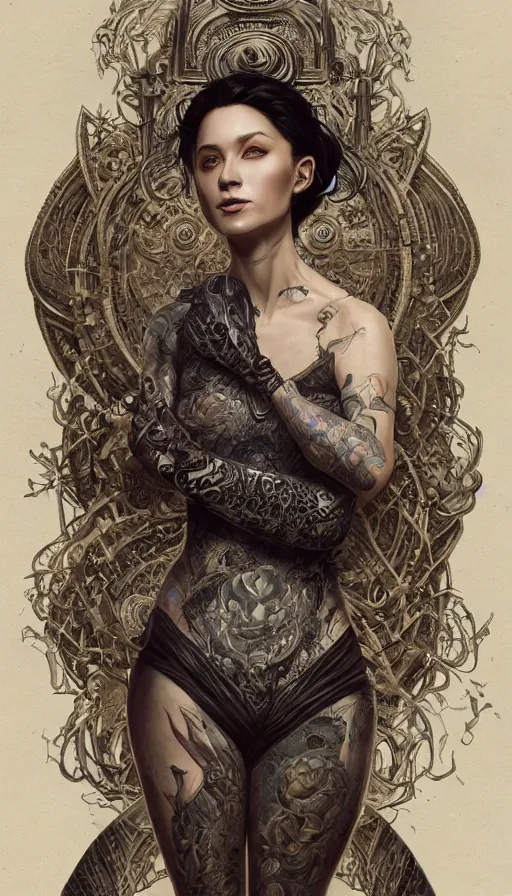 Image similar to tattooed lady, fame of thrones, fibonacci, sweat drops, intricate fashion clothing, insane, intricate, highly detailed, surrealistic, digital painting, artstation, concept art, smooth, sharp focus, illustration, Unreal Engine 5, 8K, art by artgerm and greg rutkowski and alphonse mucha