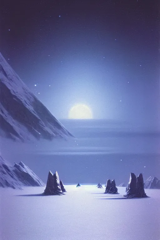 Prompt: emissary space by arthur haas and bruce pennington and john schoenherr, planet hoth, snowy mountains, blue hour, cinematic matte painting, 8 k, dark color palate,