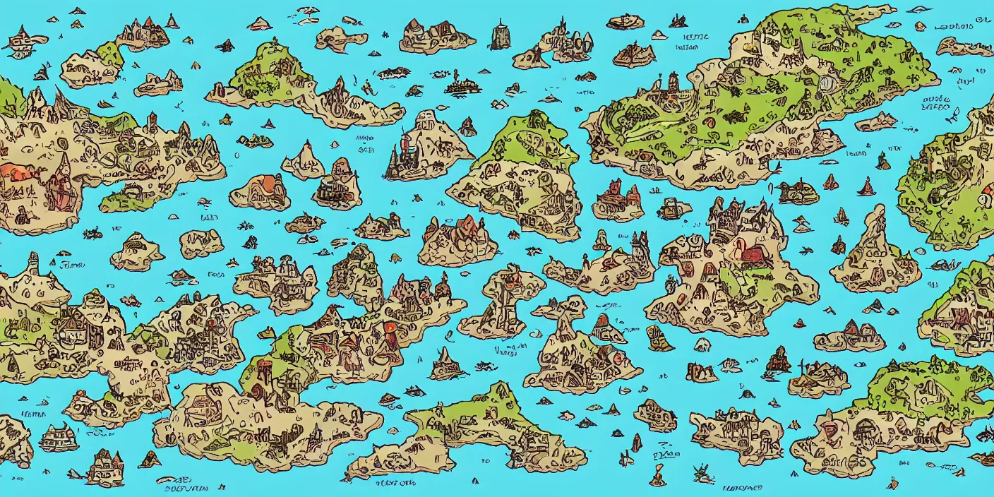 Prompt: a rpg map with regions in separated colors surrounded by ocean detailed, flat colors and strokes illustrated by Mattias Adolfsson