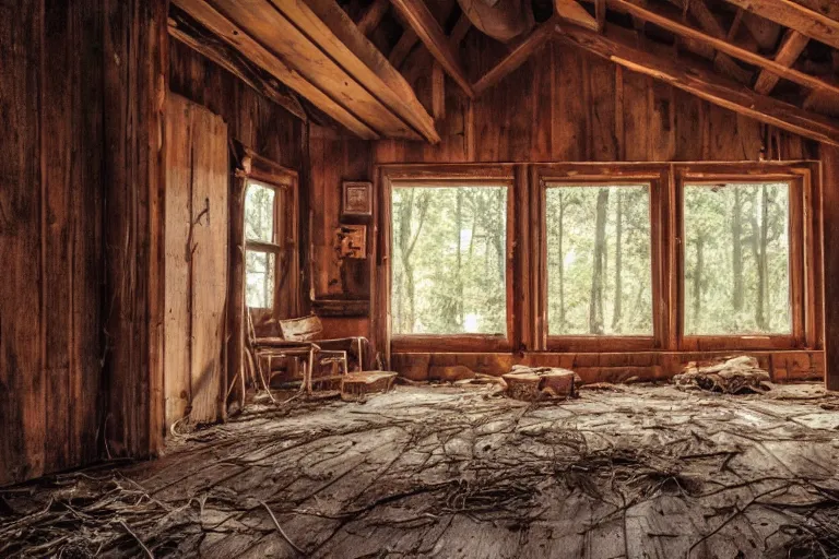 Image similar to a film production still, 2 8 mm, wide shot of a cabin interior, wooden furniture, cobwebs, spiderwebs, dynamic volumetric lighting, abandoned, depth of field, cinematic