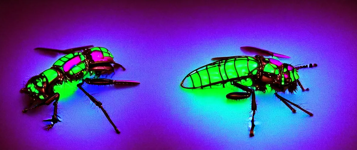 Image similar to high quality photo glowy iridescent cyborg fly! jeweled very beautiful! highly detailed digital art david ligare elson peter cinematic purple neon lighting high quality low angle hd 8k sharp shallow depth of field